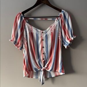 CRAVE FAME ALMOST FAMOUS SHORT SLEEVE TOP WITH LACE DETAIL RED WHITE & BLUE XL